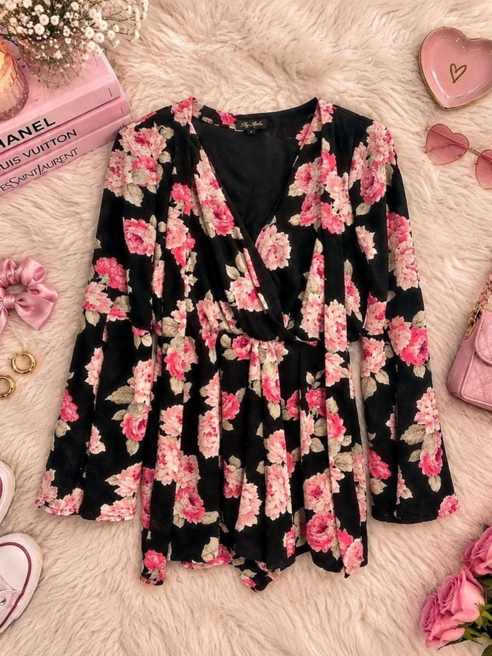Lily Rose Romantic Floral Wrap Romper 🌹 Black + Pink | Size Small with matching